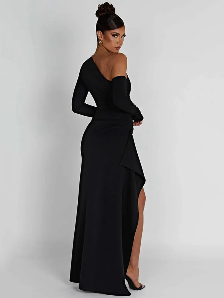 Mozision Oblique Shoulder Thigh High Split Long Sleeve Maxi Dress