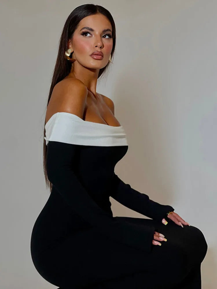 Contrast Color Off-shoulder Backless Maxi Dress