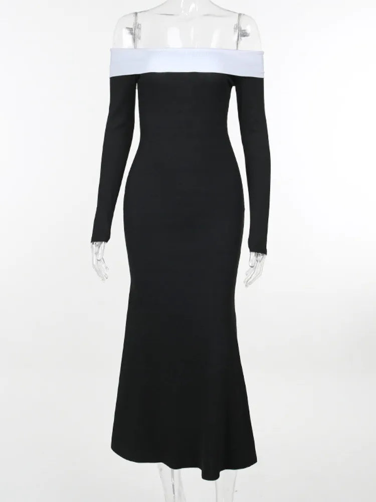 Contrast Color Off-shoulder Backless Maxi Dress