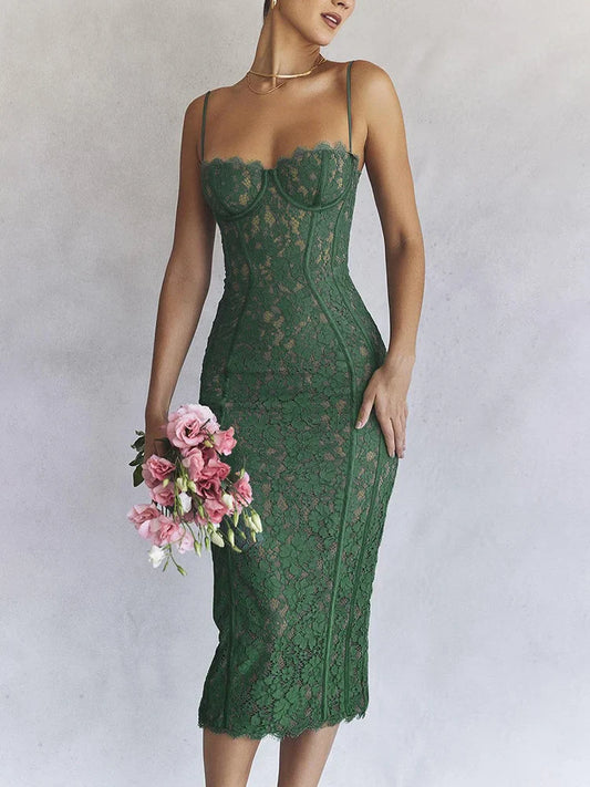 Spaghetti Strap Lace Green Floral Dress