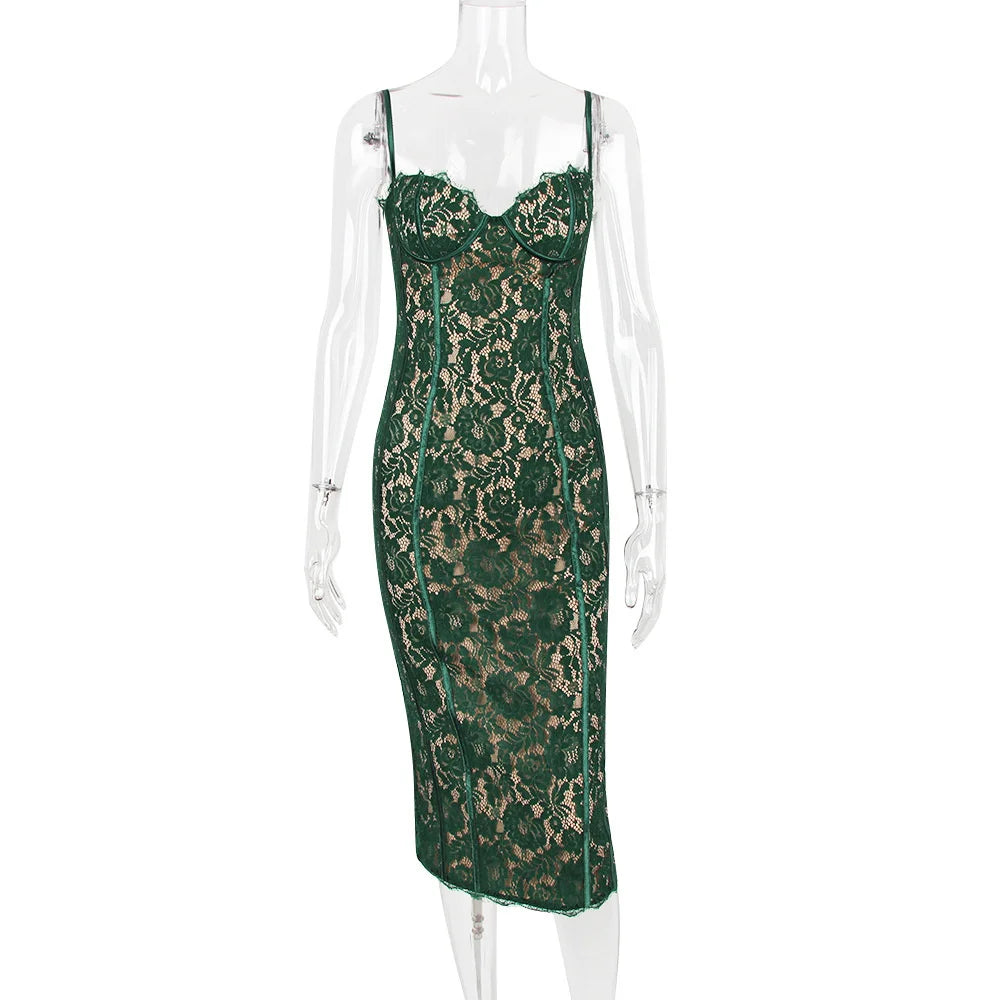 Spaghetti Strap Lace Green Floral Dress