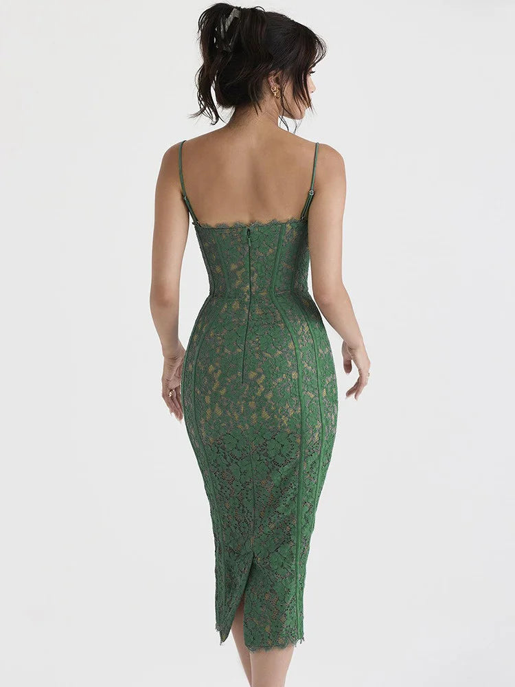 Spaghetti Strap Lace Green Floral Dress