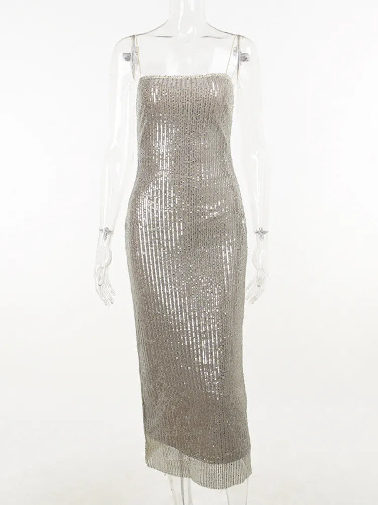 Elegant Glitter Sparkle Spaghetti Strap Sleeveless Maxi Dress