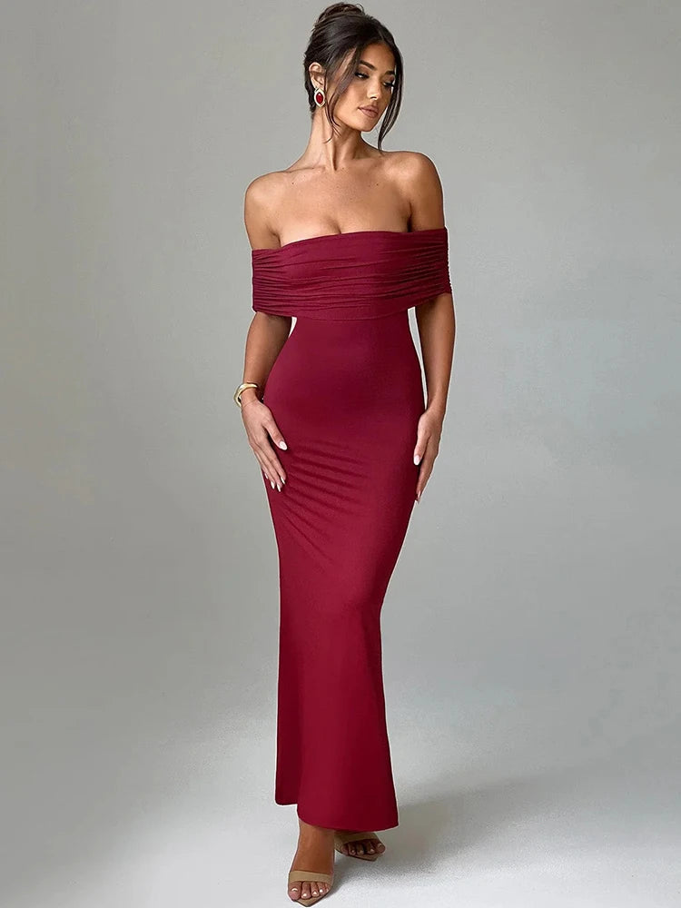 Strapless Backless Maxi Dress - Solid Off-shoulder Sleeveless Bodycon Christmas Party Dress