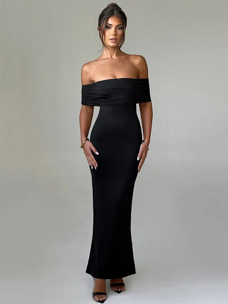Strapless Backless Maxi Dress - Solid Off-shoulder Sleeveless Bodycon Christmas Party Dress