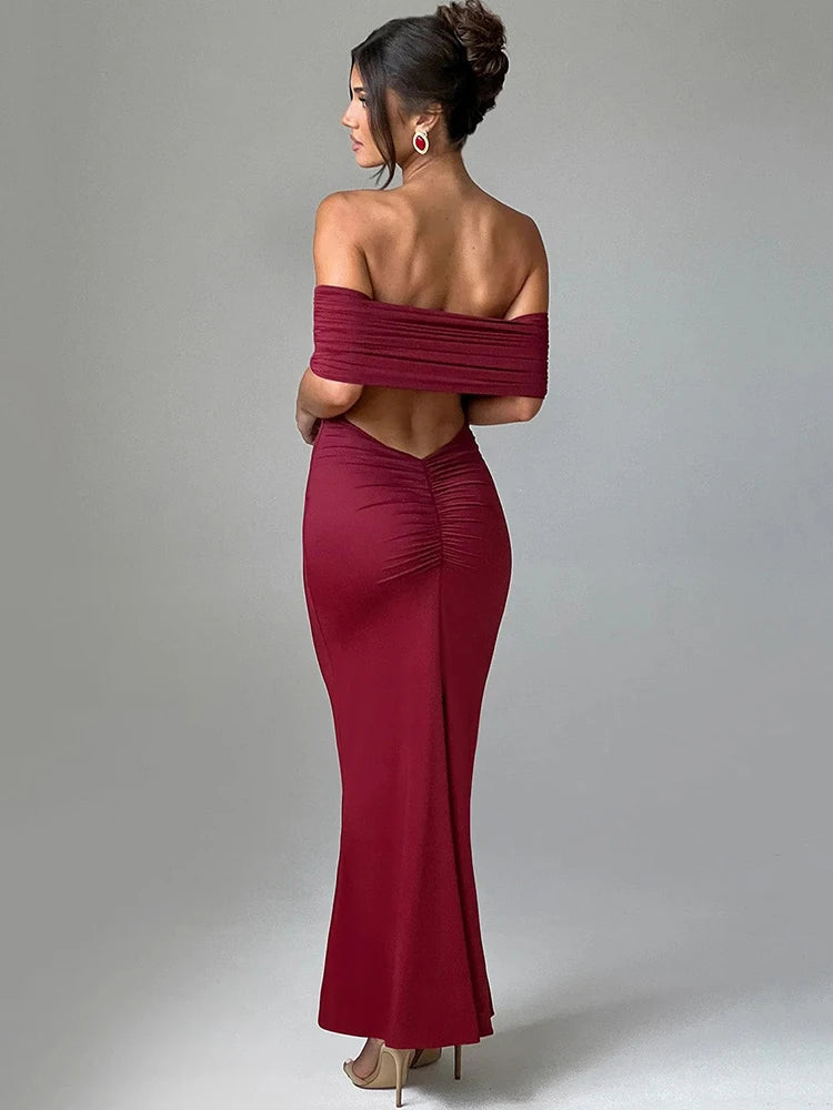 Strapless Backless Maxi Dress - Solid Off-shoulder Sleeveless Bodycon Christmas Party Dress