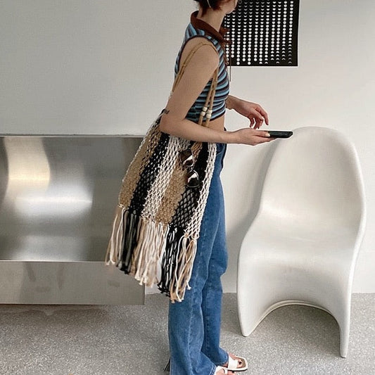 Multi-Color Striped Tassel Boho Net Bags - 2 Colors