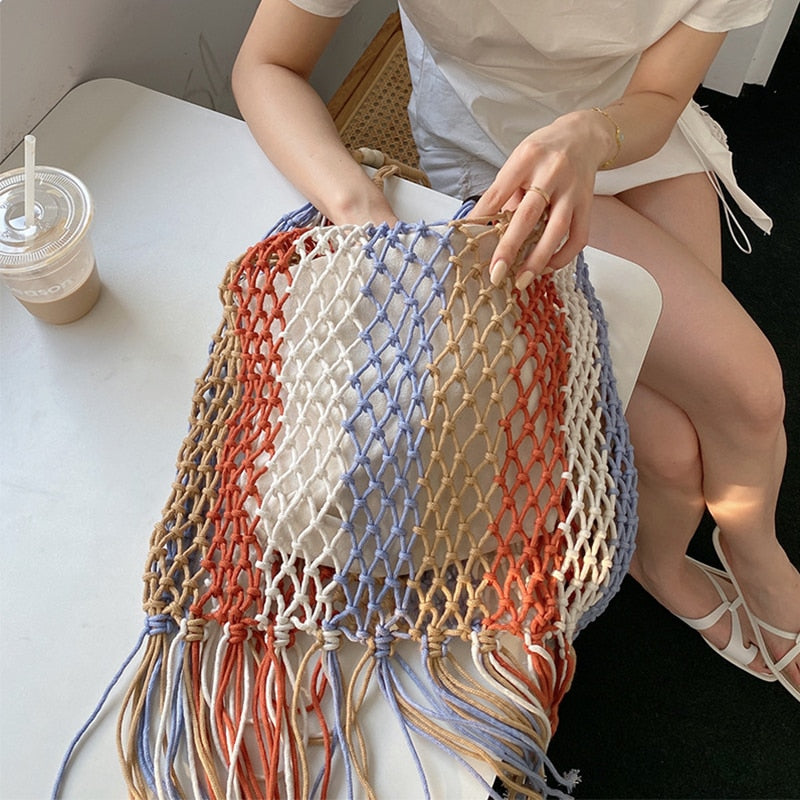 Multi-Color Striped Tassel Boho Net Bags - 2 Colors