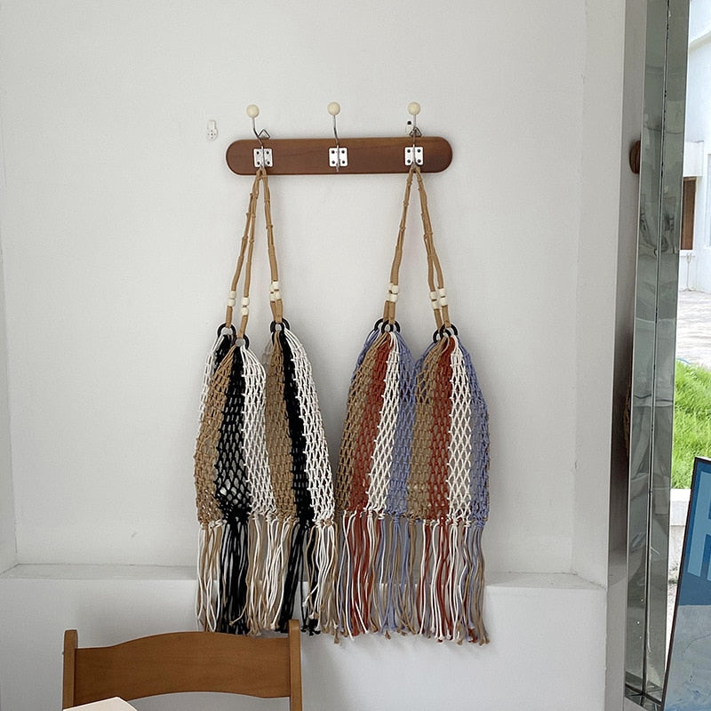 Multi-Color Striped Tassel Boho Net Bags - 2 Colors