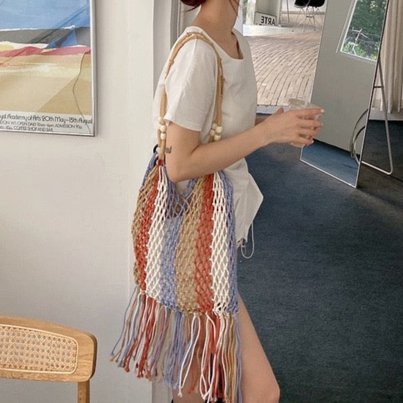 Multi-Color Striped Tassel Boho Net Bags - 2 Colors