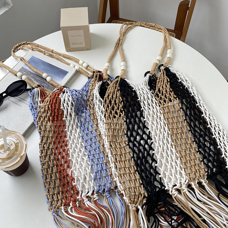 Multi-Color Striped Tassel Boho Net Bags - 2 Colors