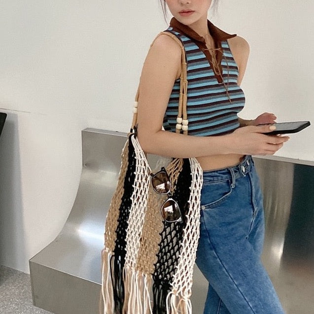 Multi-Color Striped Tassel Boho Net Bags - 2 Colors