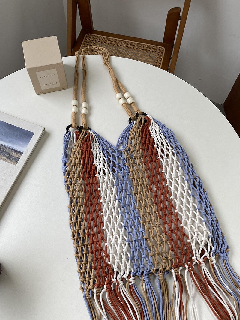 Multi-Color Striped Tassel Boho Net Bags - 2 Colors