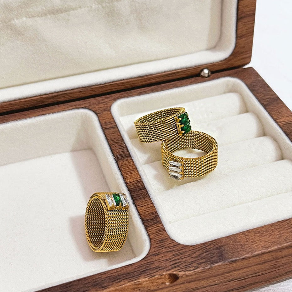 Mweri Rhinestone 18K Gold Plated Mesh Rings