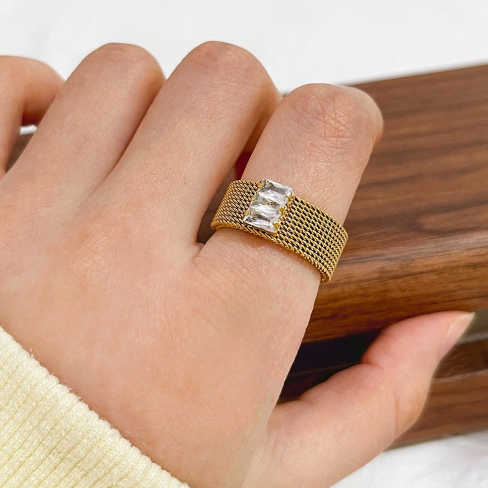 Mweri Rhinestone 18K Gold Plated Mesh Rings