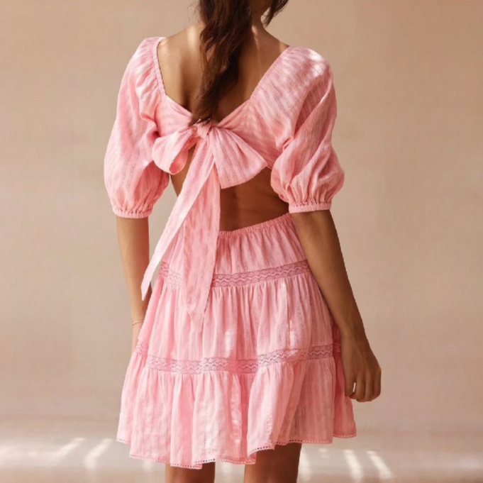 Nabie Back Bow Pink Baby Doll Mini Dress
