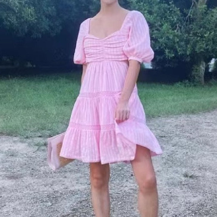 Nabie Back Bow Pink Baby Doll Mini Dress