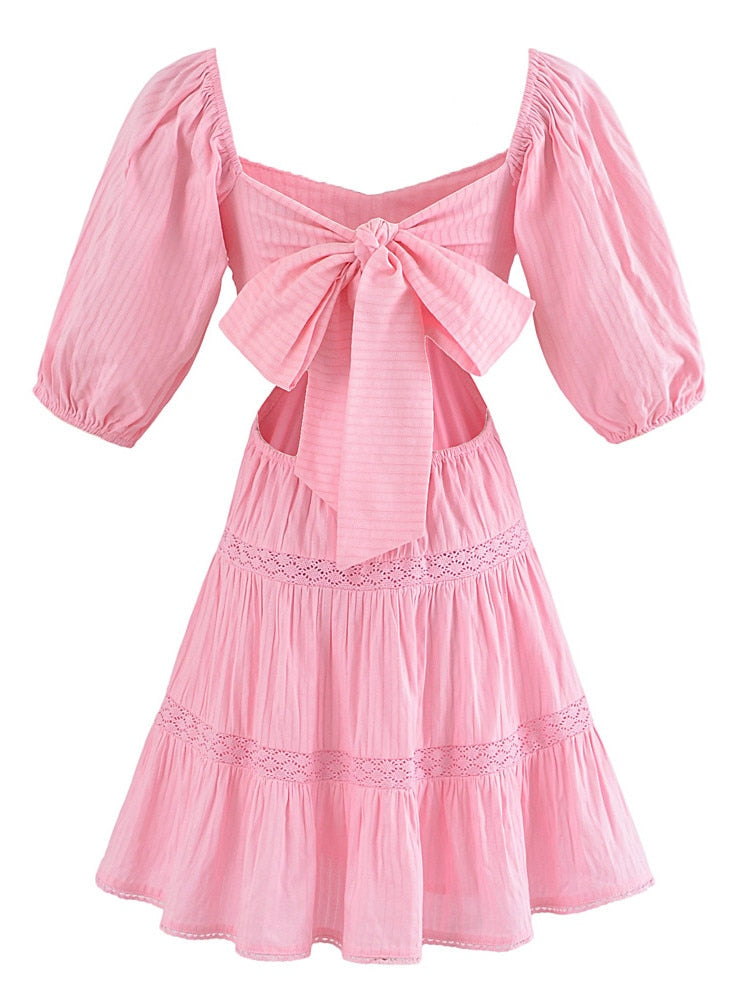 Nabie Back Bow Pink Baby Doll Mini Dress