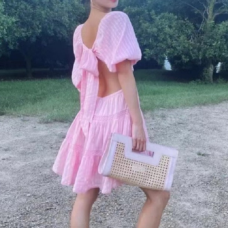 Nabie Back Bow Pink Baby Doll Mini Dress