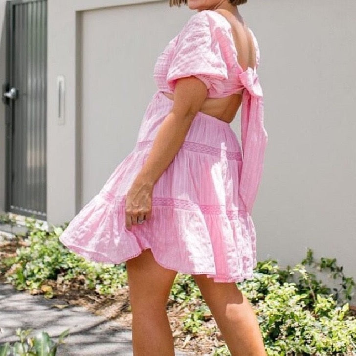 Nabie Back Bow Pink Baby Doll Mini Dress