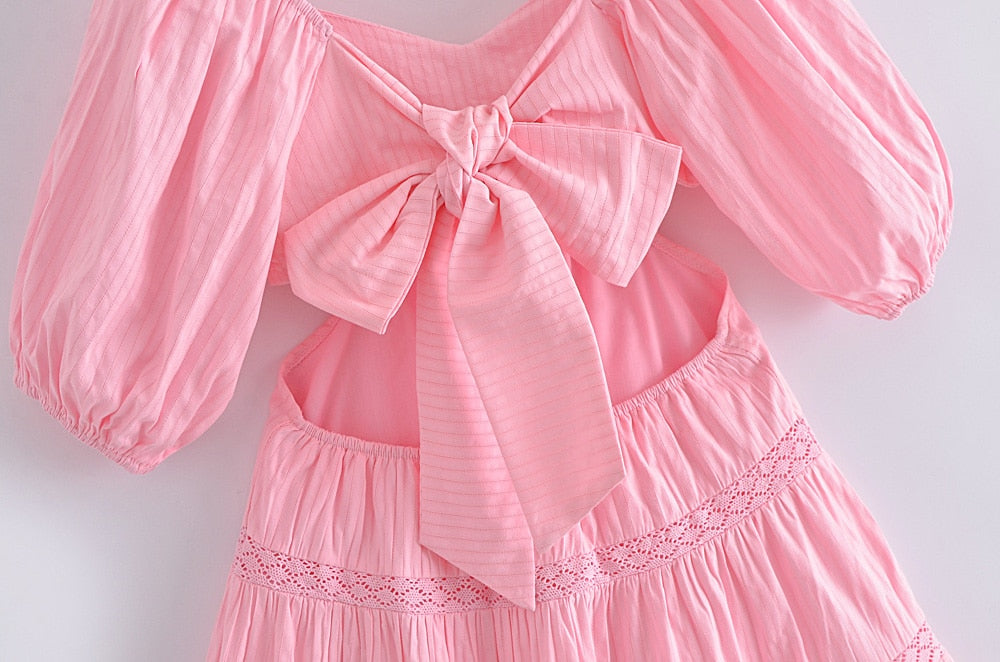 Nabie Back Bow Pink Baby Doll Mini Dress