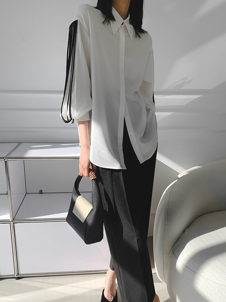 Nami Lantern Sleeve Blouse with Color Contrast Pleats