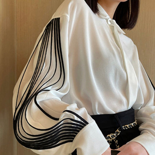 Nami Lantern Sleeve Blouse with Color Contrast Pleats