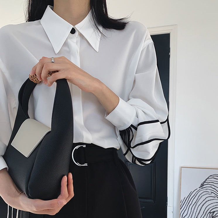 Nami Lantern Sleeve Blouse with Color Contrast Pleats