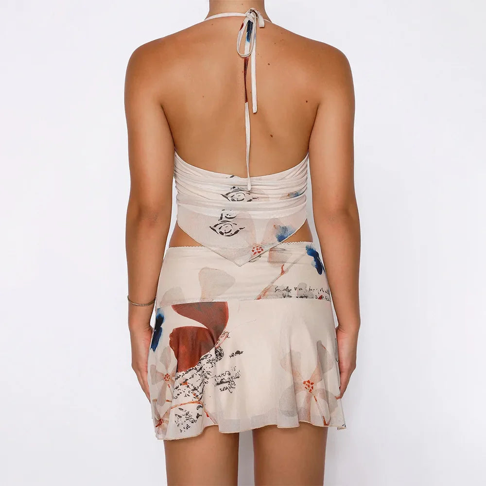 Deep V-neck Floral Halter Mini Skirt
