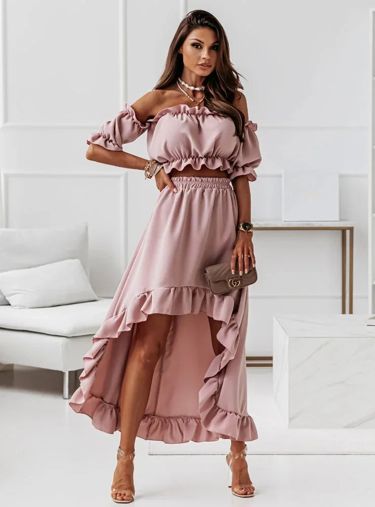 Summer Ruffles Off Shoulder Irregular Long Skirt