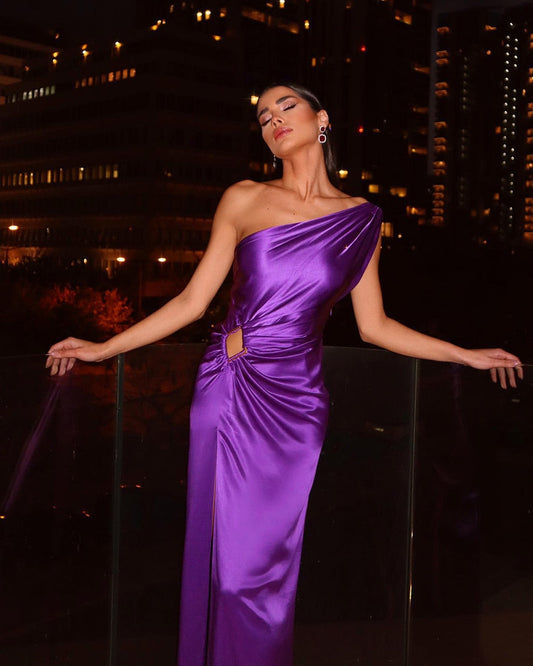 Purple One Shoulder Skinny Draped Sleeveless Sequin Slit Long Celebrity Party Dress