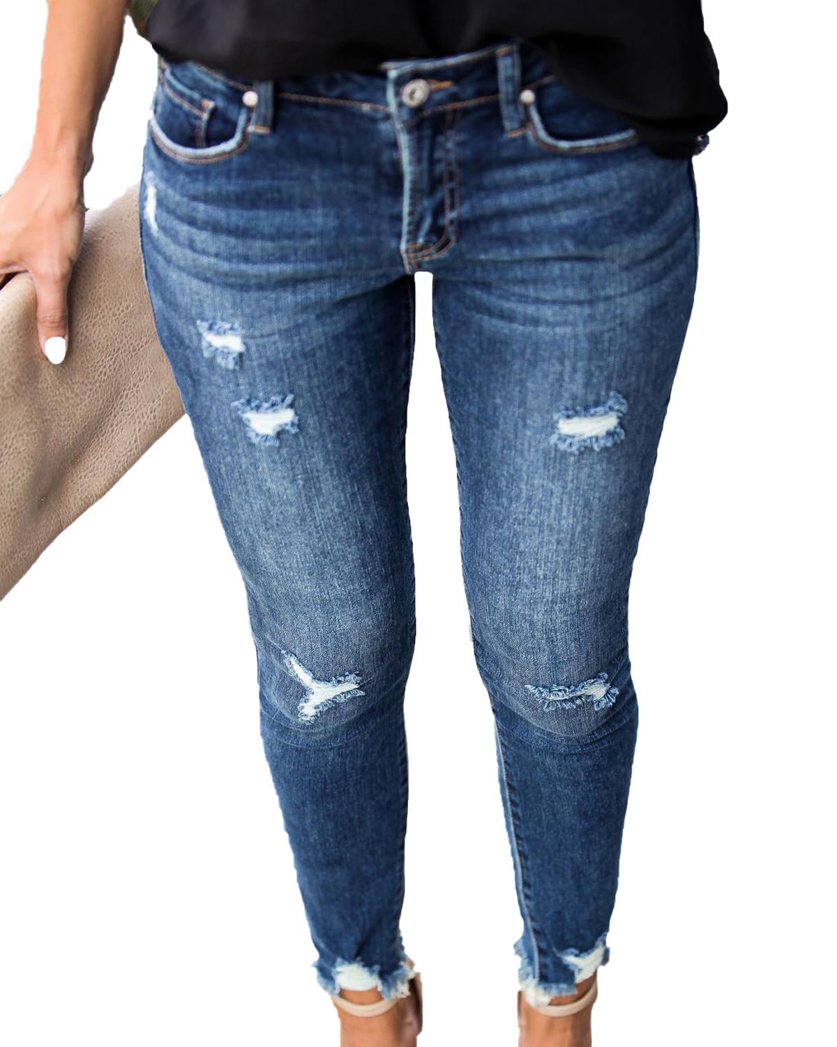 Waist Skinny Jeans Vintage Distressed Denim Holes Destroyed Pencil Pants