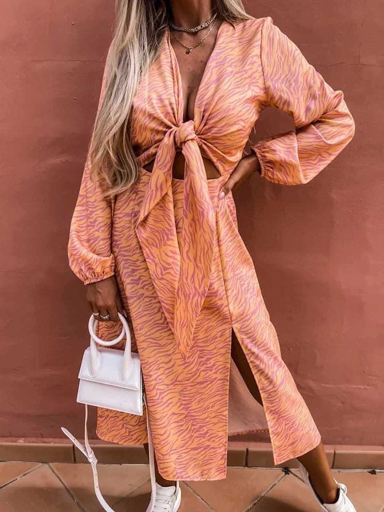 New Spring Long Sleeve Print Lace Up Dress