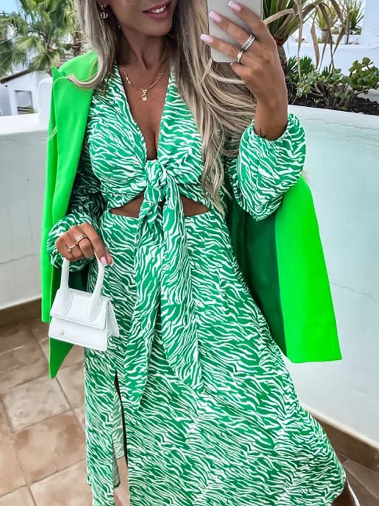 New Spring Long Sleeve Print Lace Up Dress