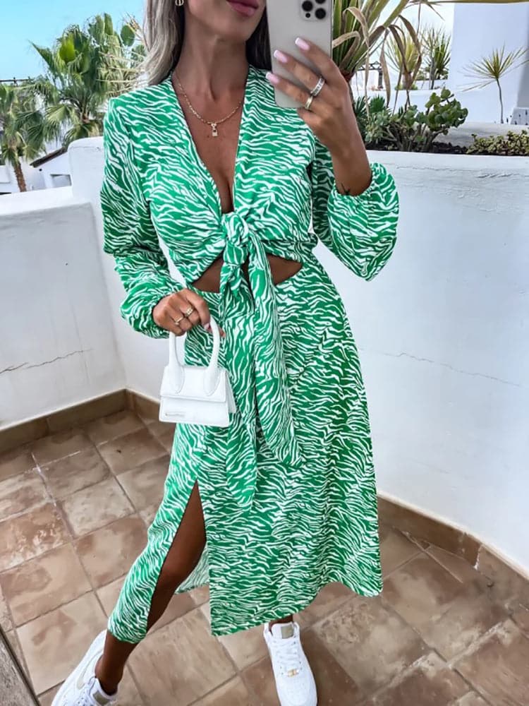 New Spring Long Sleeve Print Lace Up Dress