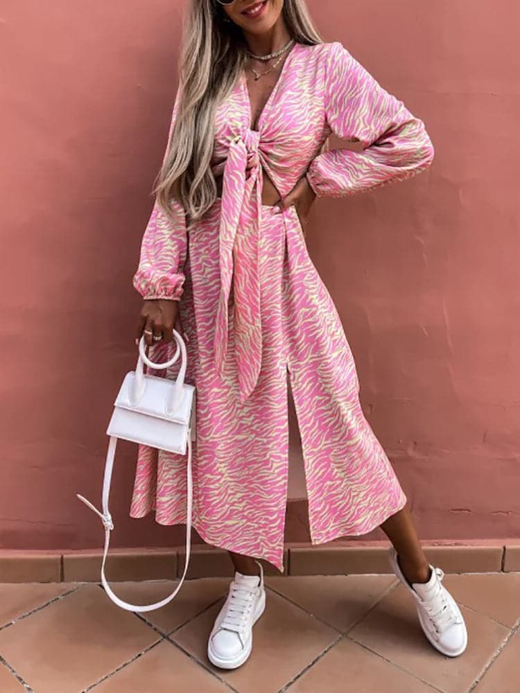 New Spring Long Sleeve Print Lace Up Dress