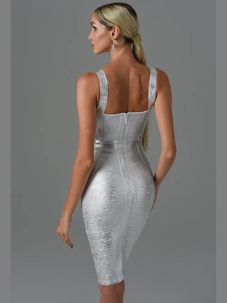Summer Sleeveless Backless Gold Bronzing Midi Bodycon Dress