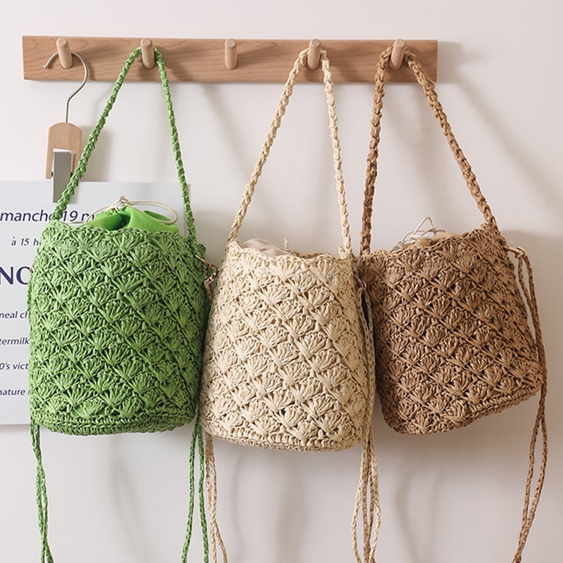 Niya Crochet Knit Straw Bucket Bags - 3 Colors