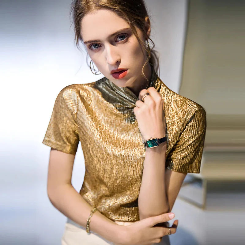 Noemie Crinkle Gold Short Sleeve Turtleneck Top