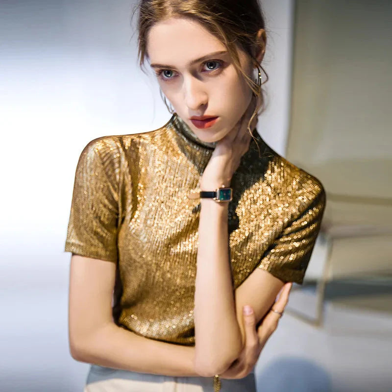 Noemie Crinkle Gold Short Sleeve Turtleneck Top