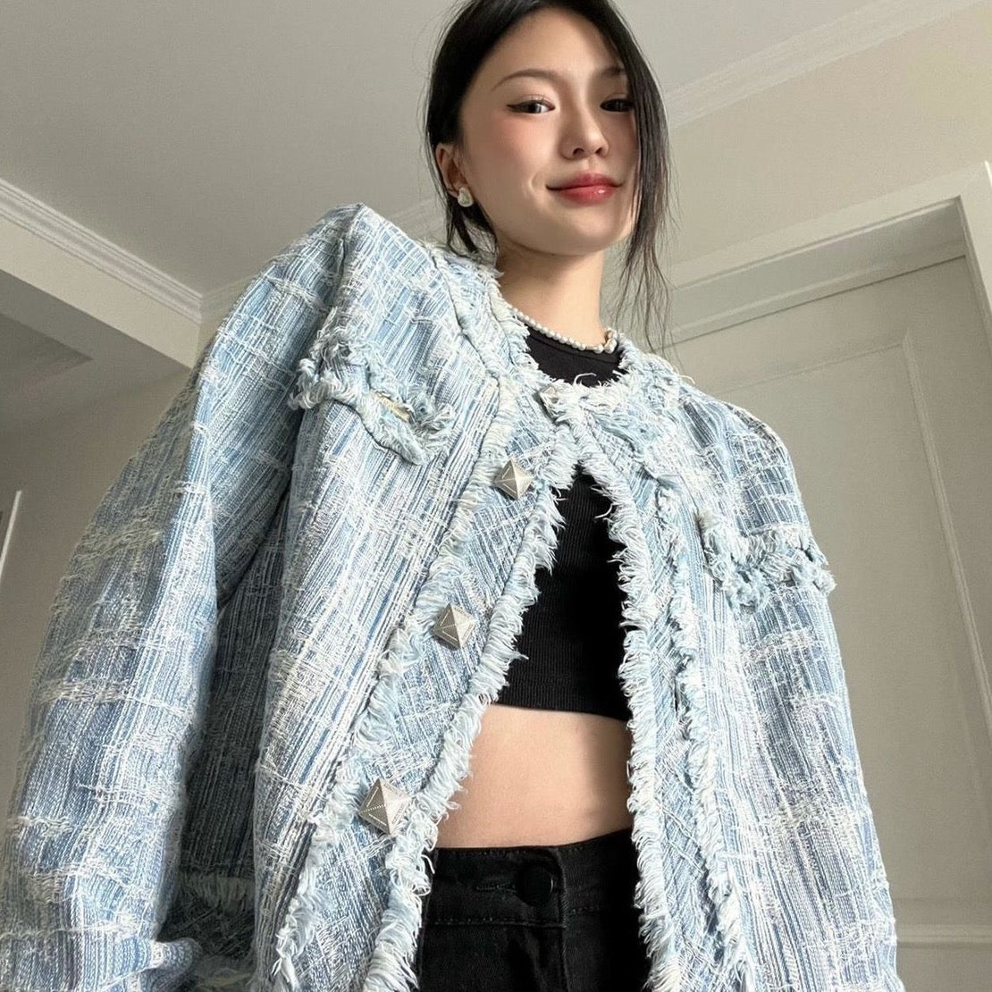 Nora Fringe Denim Tweed Jacket