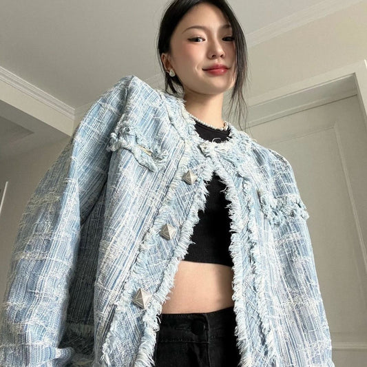 Nora Fringe Denim Tweed Jacket