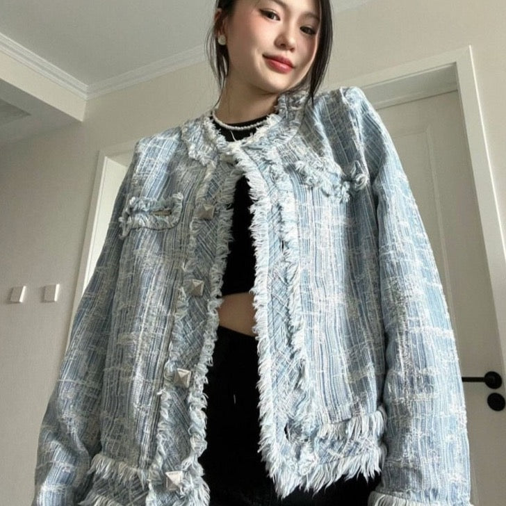 Nora Fringe Denim Tweed Jacket
