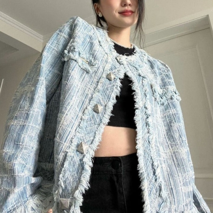 Nora Fringe Denim Tweed Jacket