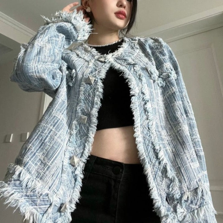 Nora Fringe Denim Tweed Jacket