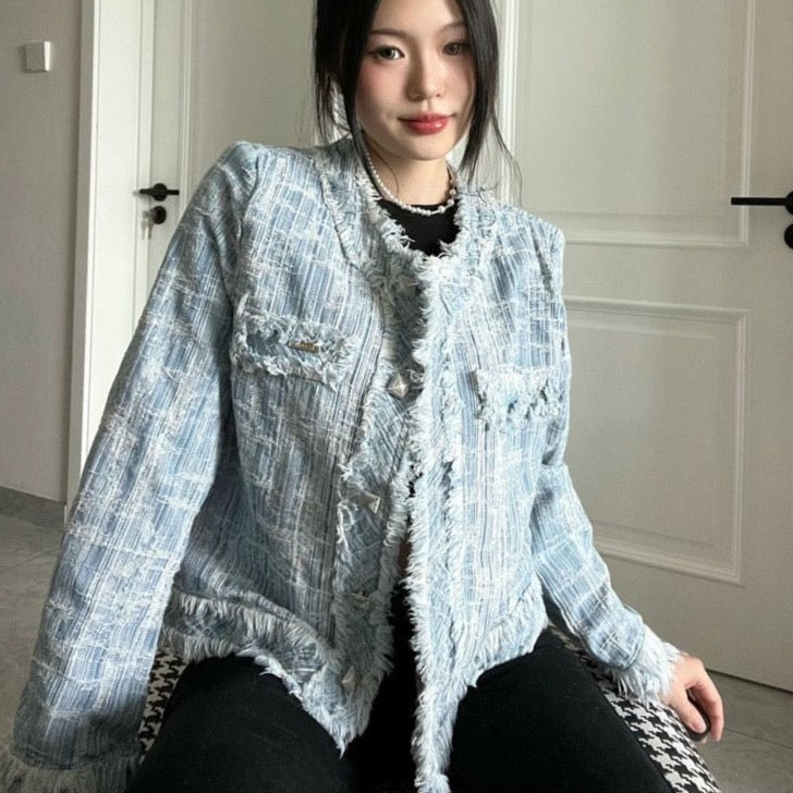 Nora Fringe Denim Tweed Jacket