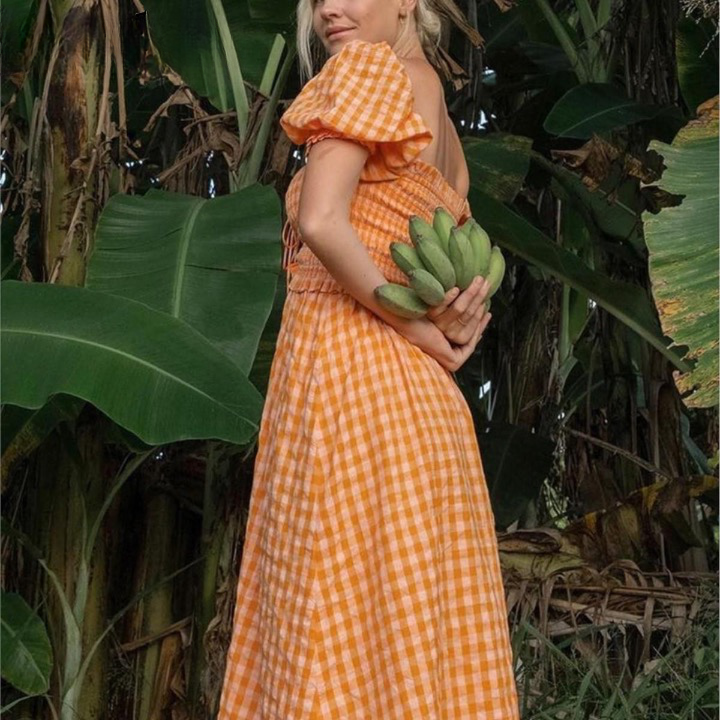 Norah Orange Gingham Seersucker Dress