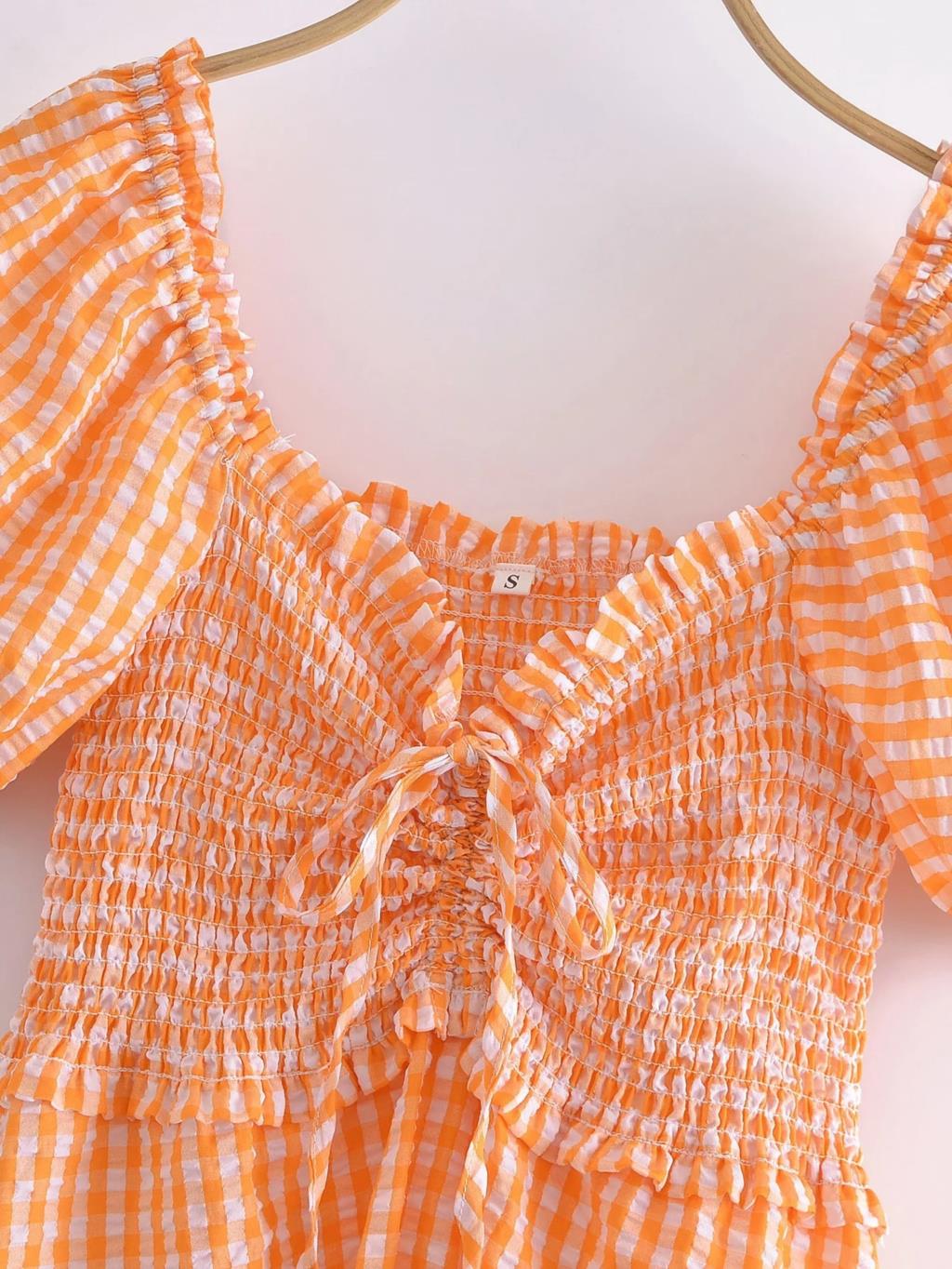 Norah Orange Gingham Seersucker Dress