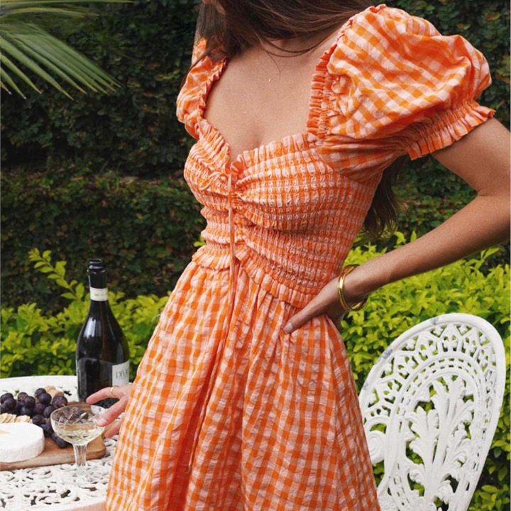Norah Orange Gingham Seersucker Dress