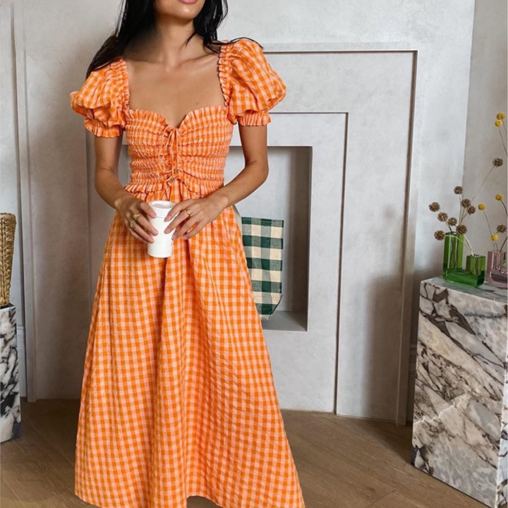 Norah Orange Gingham Seersucker Dress